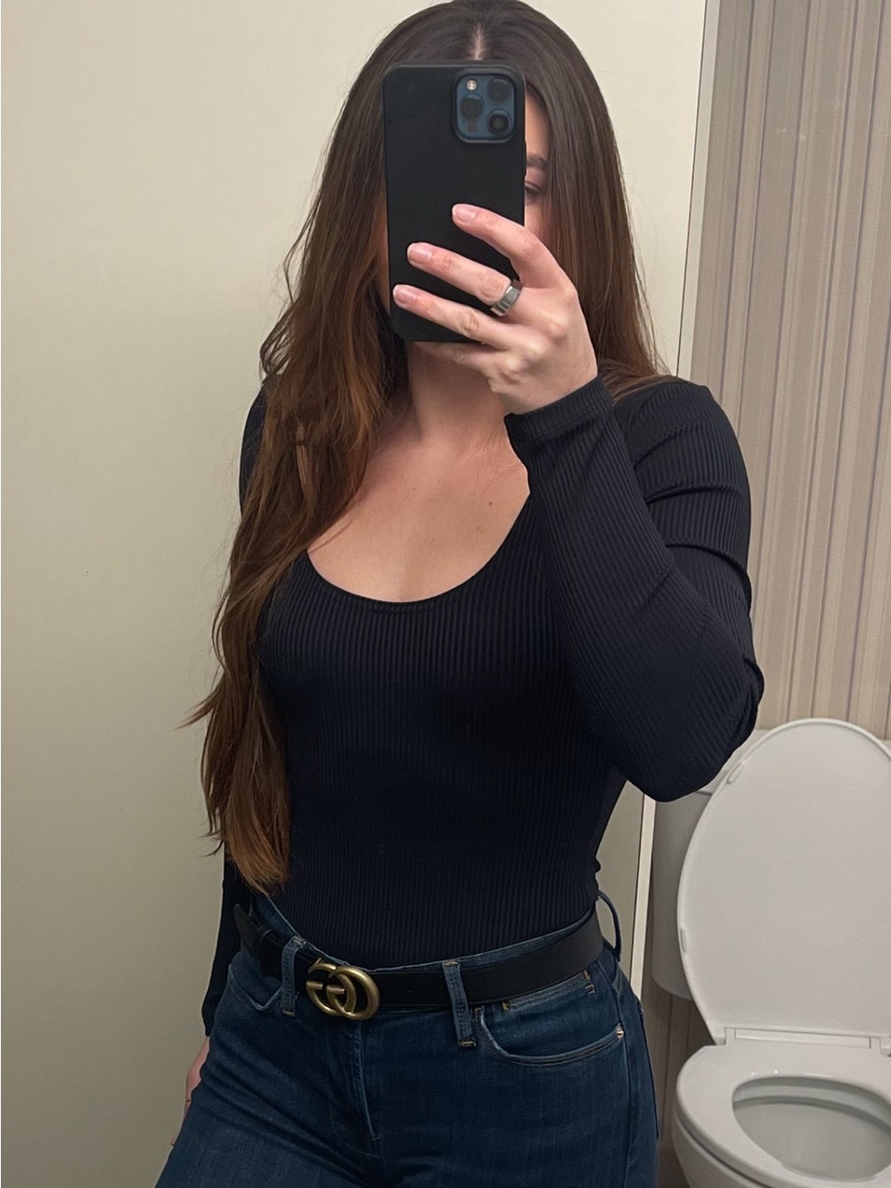 Abercrombie & Fitch Black Ribbed Scoop-Neck Long Sleeve Bodysuit